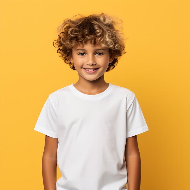 un niño en un estilo casual sobre un fondo amarillo