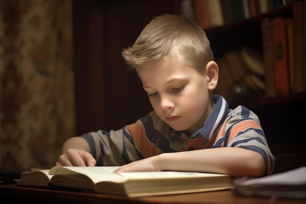 Niño estudiando en el aula o biblioteca creada con IA generativa