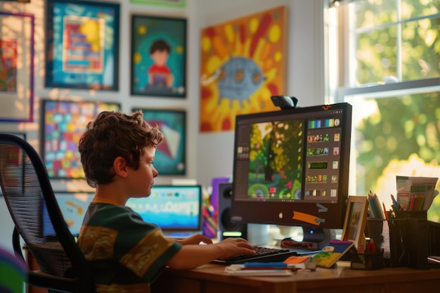 niño estudiando en un escritorio con una computadora