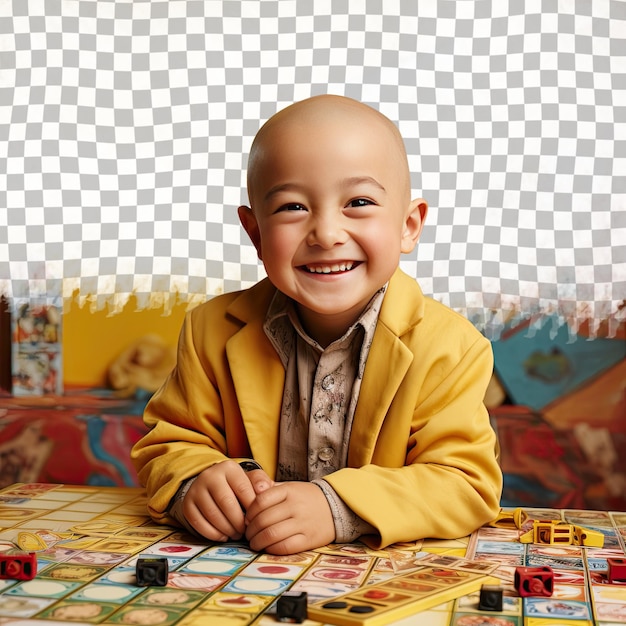 Un niño eufórico con cabello calvo de etnia mongólica vestido con atuendos de juegos de mesa posa en un estilo de mirada lateral contra un fondo amarillo pastel