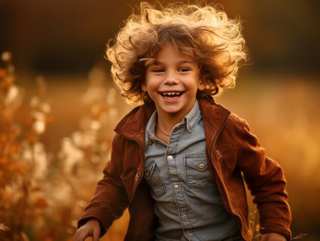 Niño europeo en pose dinámica emocional juguetona sobre fondo de otoño