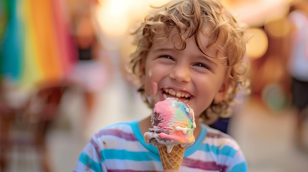 Un niño europeo con una sonrisa alegre sostiene un helado en sus pequeñas manos la expresión o