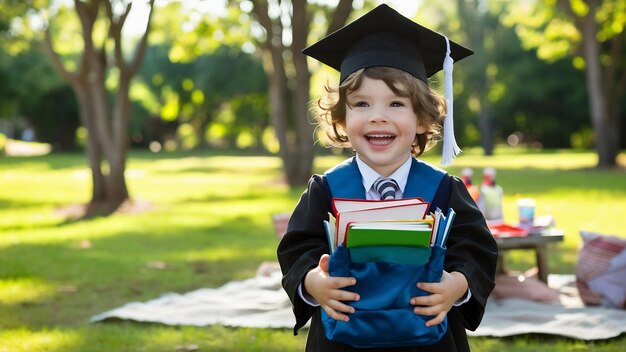 Niño exitoso con gorra de graduación y mochila llena de libros