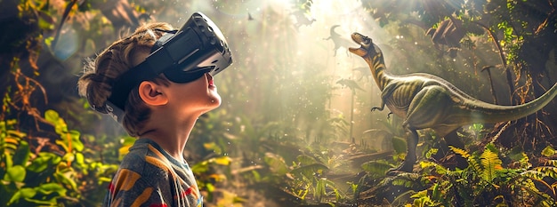 Niño experimentando dinosaurios a través de gafas de realidad virtual