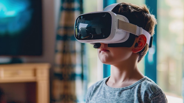 Niño experimentando la realidad virtual con auriculares de realidad virtual Un niño pequeño está inmerso en una experiencia de realidad virtual usando un auricular de realidad virtual de pie en un entorno de sala de estar