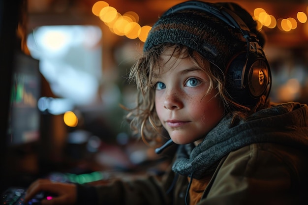 Un niño explora los juegos en su computadora para divertirse y entretenerse en casa