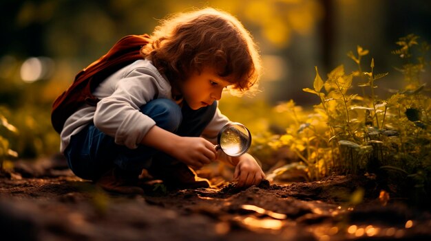Foto un niño explora la naturaleza con una lupa generative ai kid