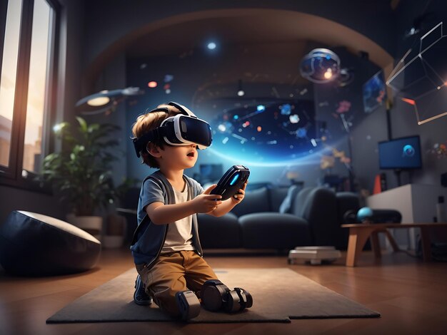 Niño explorando el metaverso con auriculares VR realidad virtual realidad aumentada