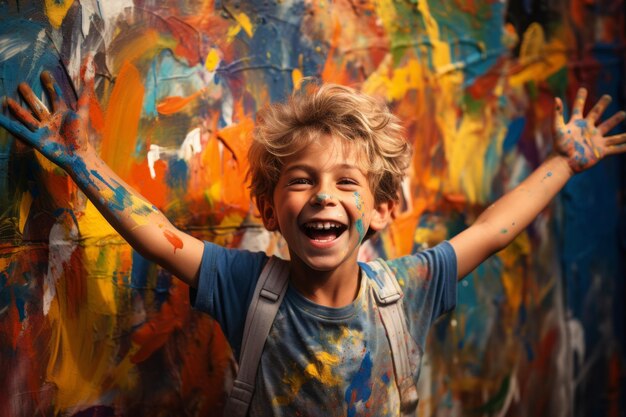 Un niño extasiado cubierto de pintura de colores