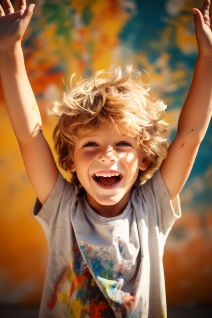 Un niño en éxtasis celebrando con los brazos levantados frente a una pared colorida