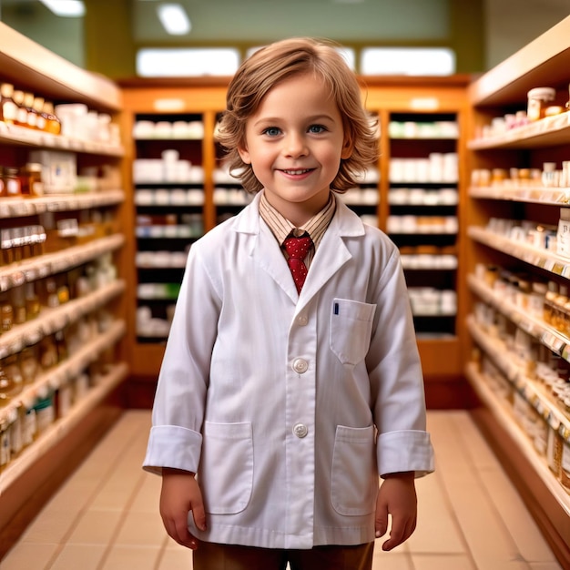 Niño farmacéutico sonriente y confiado trabajando en la farmacia