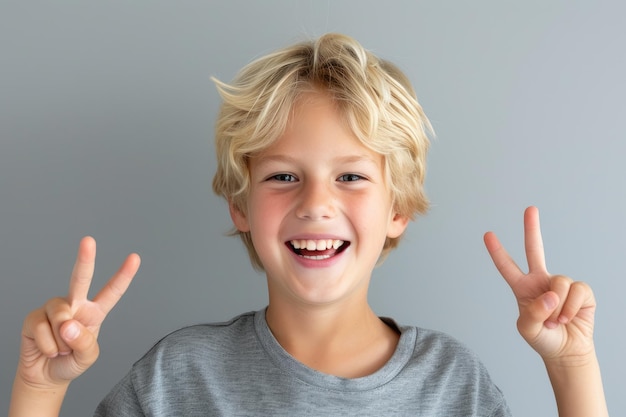 Un niño feliz de 10 años con el pelo rubio sonriendo y emocionado