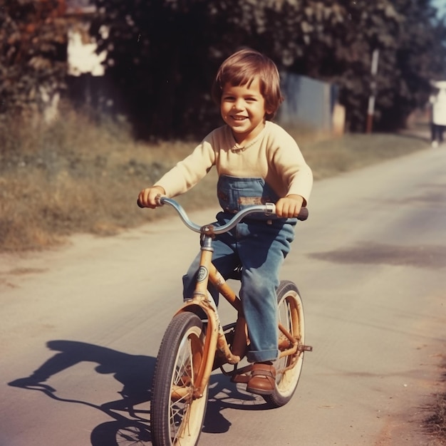 Un niño feliz afuera aprendiendo a andar en bicicleta 1 ai generativo