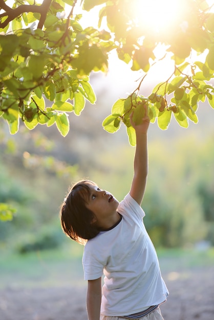 Niño feliz al aire libre en la naturaleza que tiene buen tiempo