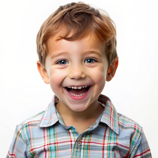 Un niño feliz y alegre en un fondo blanco, un retrato de un niño lindo y feliz.