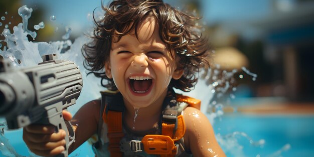 Niño feliz y alegre jugando con una pistola de agua