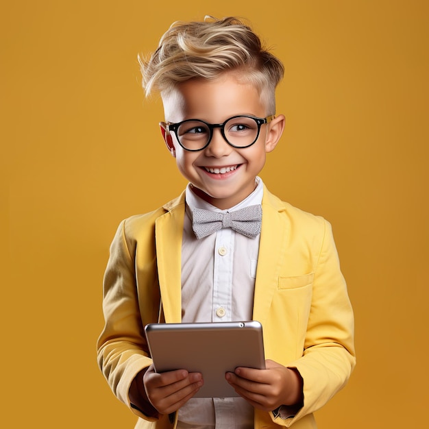 Un niño feliz y alegre sobre un fondo amarillo con un gadget de tableta Un niño inteligente Generativo