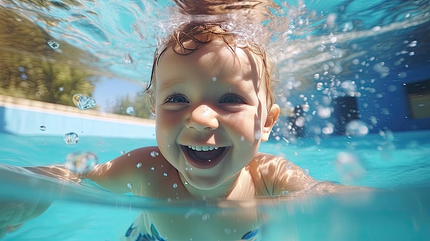 Niño feliz aprendiendo a nadar