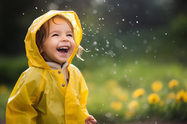 niño feliz atrapa gotas de lluvia en el parque de primavera en impermeable amarillo