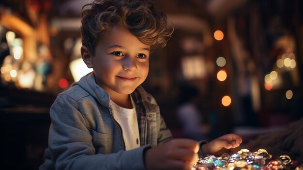 Niño feliz con auriculares jugando con un juguete en una tableta en el club nocturno generativo ai