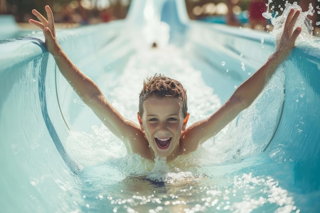 Niño feliz bajando por el tobogán de agua en el parque acuático niños alegres divirtiéndose salpicando en la piscina