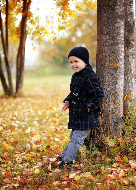 Niño feliz camina en otoño en el parque