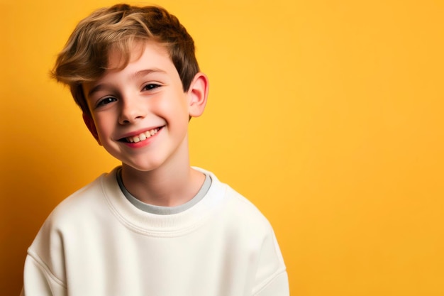 Niño feliz con una camiseta blanca en un fondo amarillo