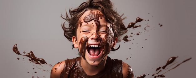 Niño feliz con la cara manchada de autenticidad de chocolate
