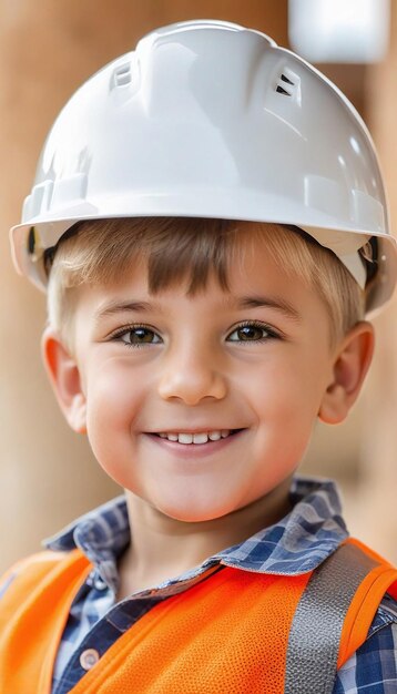 Niño feliz con casco o sombrero imita al constructor o al ingeniero