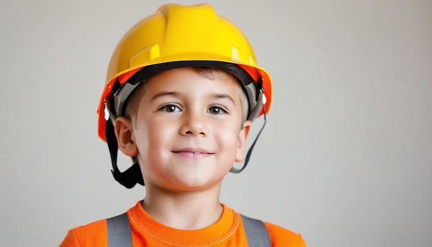 Niño feliz con casco o sombrero imita al constructor o al ingeniero