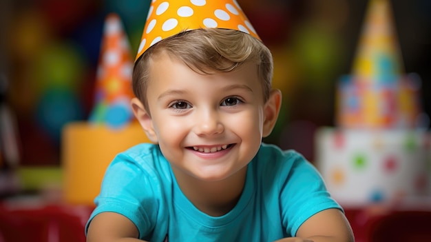 Foto un niño feliz celebra su cumpleaños con una gorra en un fondo colorido