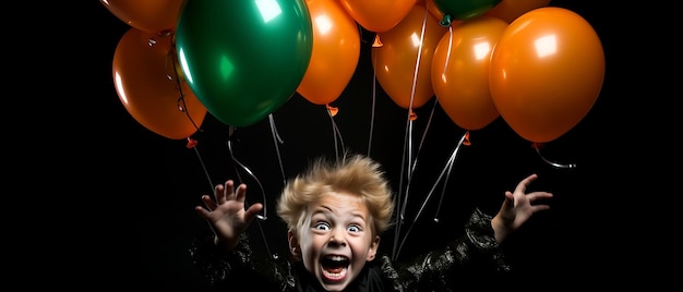 niño feliz celebración de la fiesta de halloween fondo infantil con espacio de copia