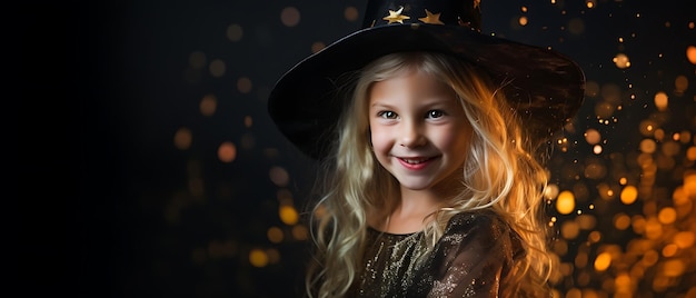 niño feliz celebración de la fiesta de halloween fondo infantil con espacio de copia