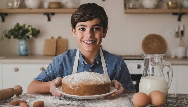 niño feliz cocinando un pastel