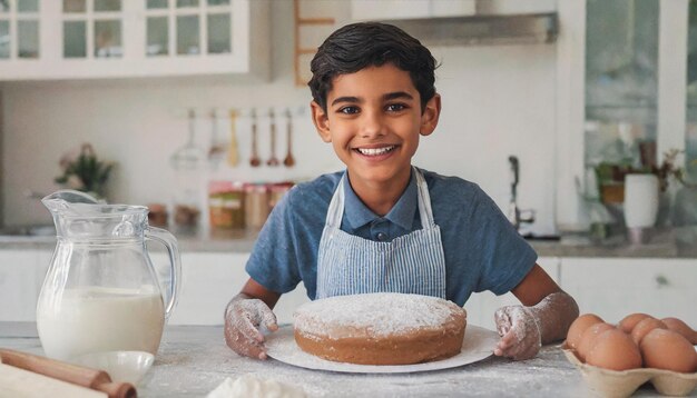 niño feliz cocinando un pastel