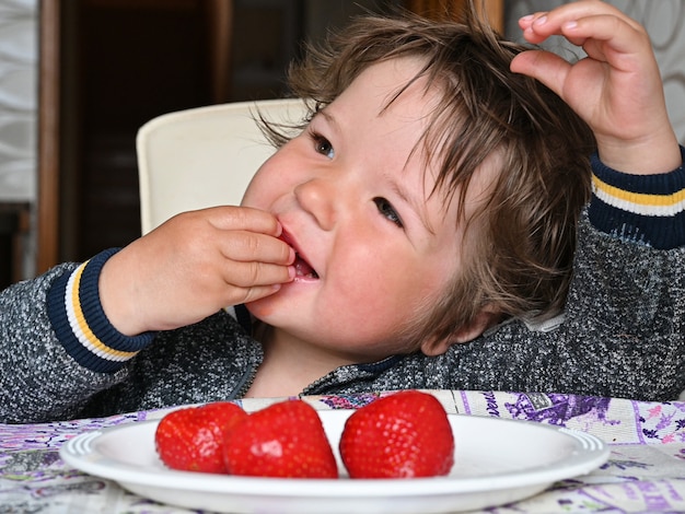 Niño feliz come fresas rojas