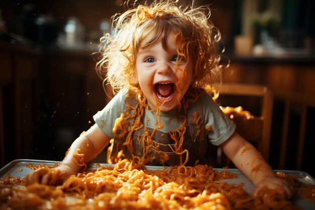 Foto niño feliz comiendo comida saludable cocida con fideos generativo ai