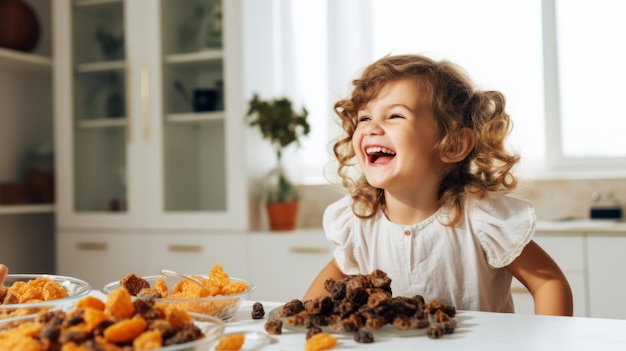 niño feliz comiendo frutas secas en el