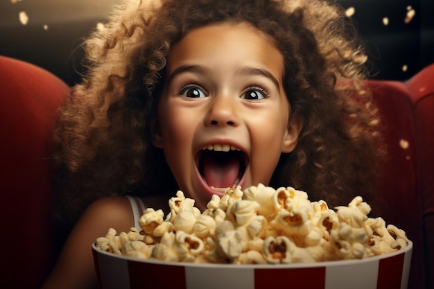 Niño feliz comiendo palomitas de maíz IA generativa