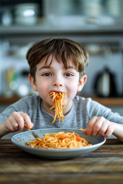 Un niño feliz comiendo pasta sabrosa en la mesa de la cocina