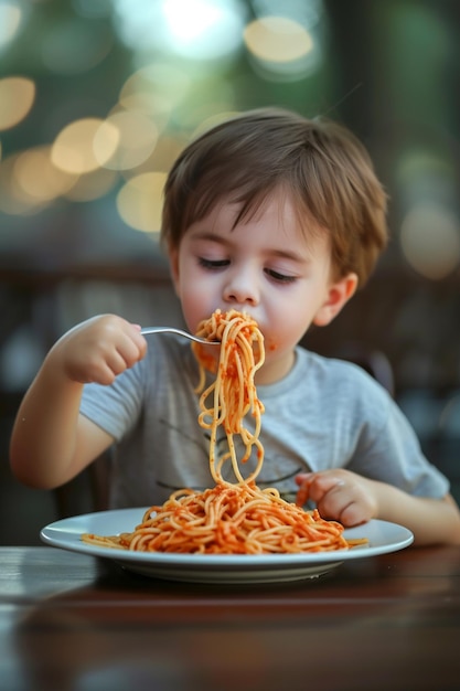 Un niño feliz comiendo pasta sabrosa en la mesa de la cocina