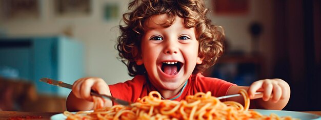 Un niño feliz comiendo pasta sabrosa en la mesa de la cocina