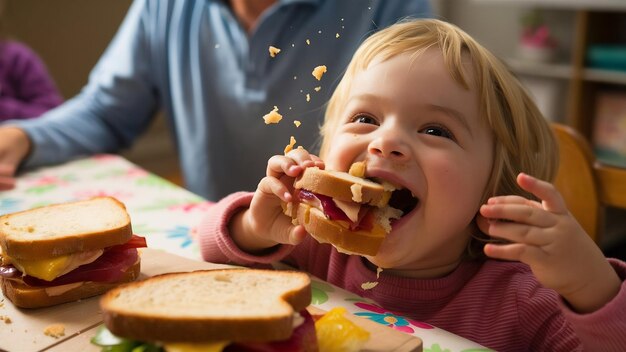 Niño feliz comiendo un sándwich