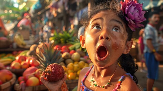 Un niño feliz compartiendo mango satisfaciendo el ansia de comida con los dedos desordenados