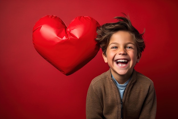 Un niño feliz con corazones rojos en el Día de San Valentín