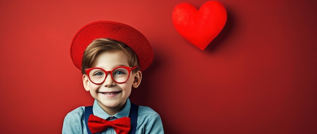 Un niño feliz con corazones rojos en el Día de San Valentín