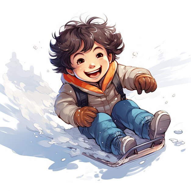 Un niño feliz deslizándose por una colina nevada