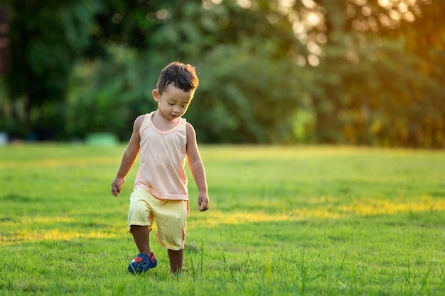 Niño feliz con los dientes de león en el campo en la primavera. Conceptos de familia