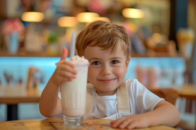 Un niño feliz disfruta de un batido en un café familiar Concepto Eventos familiares Actividades para niños pequeños Alimentos y bebidas Ambiente del café Alegría de la infancia