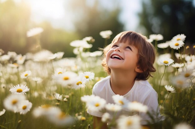 Niño feliz disfrutando en el campo de hierba y soñando niño divertido con margaritas en los ojos niños en el grío